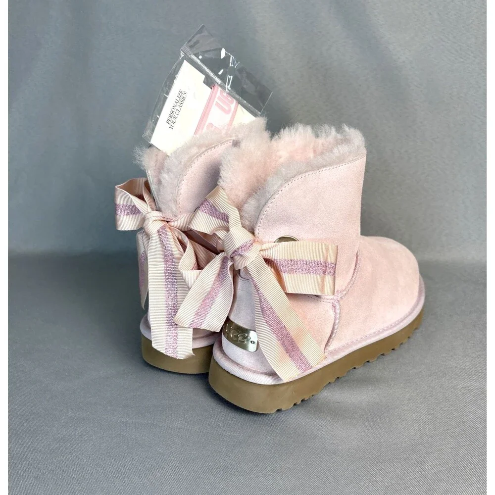 Womens UGG Boots Sz 7 Bailey Bow Customizable Pink Suede Festival Coquette Rare - Picture 2 of 13